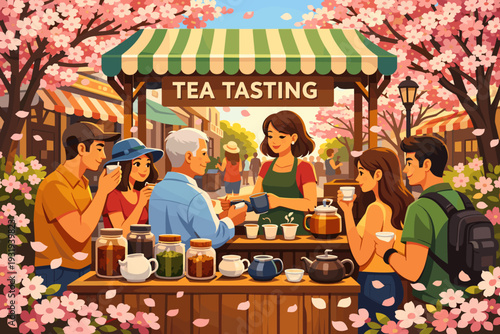 People enjoy tea tasting at a market among cherry blossoms during a sunny day with vendors and shoppers around