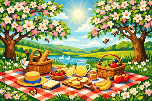 Warm spring picnic by a lake with food, drinks, trees, and flowers under the sun