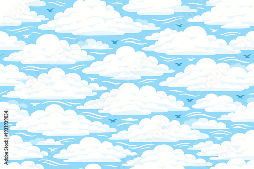 Cloud patterns fill the sky in a bright blue backdrop during daytime with some birds flying above