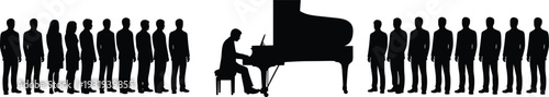 Silhouette of pianist playing grand piano with audience standing nearby, musical performance, concert, recital, entertainment, vector illustration design