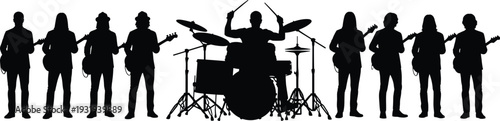 Silhouette of rock band with drummer and guitarists, musical performance, concert stage, entertainment, teamwork, unity, vector illustration design