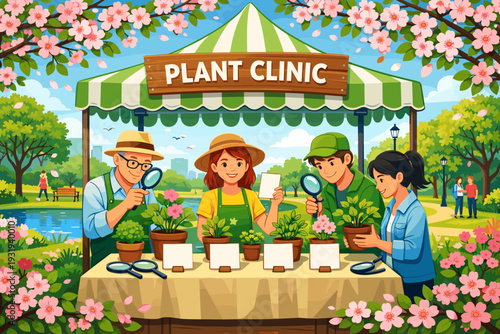 People gather at a plant clinic to learn about plant care and identify different species near a park in springtime