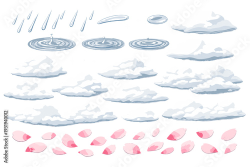 Clouds and water droplets create a scene with petal shapes on a white background during spring season