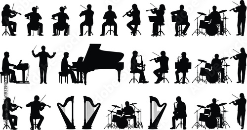 Silhouette orchestra musicians playing instruments illustration showing violin, cello, piano, harp, saxophone, drums and conductor symbolizing music performance.