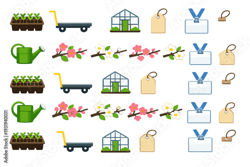 Gardening tools and flowers in a simple design on a white background