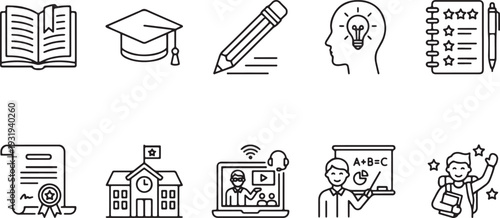 Education and learning concepts flat design vector illustration with books, graduation cap, pencil, brain, course, certificate, school, online class, teacher, and student icons