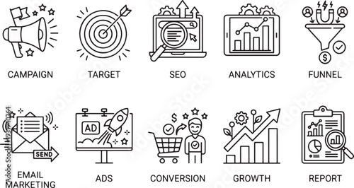 Digital marketing strategy elements and business growth concepts flat design vector illustration