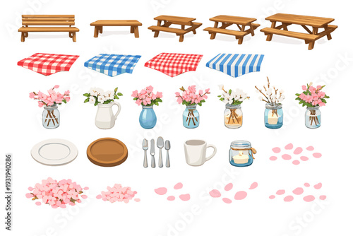 Outdoor picnic setup shows tables, cushions, flowers, and plates for a gathering on a sunny day in a park