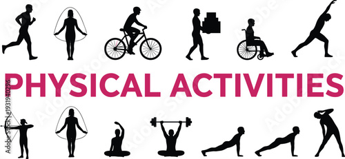 Silhouette people performing physical activities, fitness exercise sports diversity, running cycling yoga weightlifting dancing wheelchair archery vector illustration scene