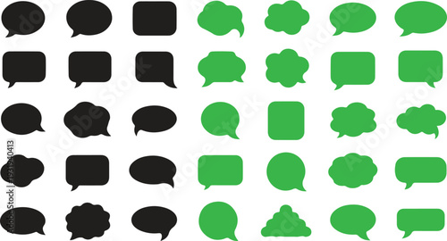 A vibrant assortment of black and green speech bubbles and chat boxes for communication interfaces