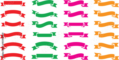 A vibrant assortment of colorful ribbon banners in various shapes and sizes for festive messages