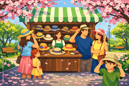 People browse hats at a market stand under blooming trees in a park during a sunny day in spring