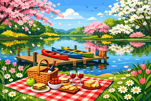 Family enjoys picnic by the lake with colorful boats and blooming trees on a sunny day
