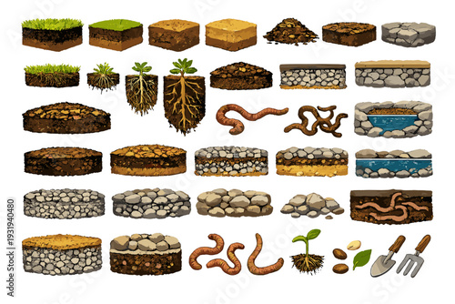 Different types of soil layers showing grass, roots, worms, and stones for education about gardening and plant life