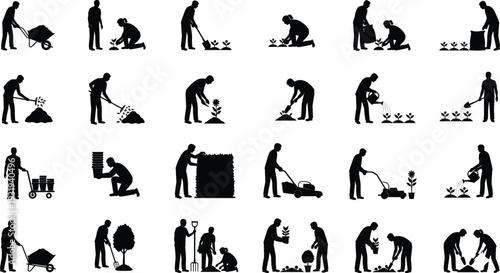 Silhouette people performing various gardening activities illustration symbolizing landscaping, plant care, horticulture, sustainability, teamwork, environment and outdoor work.