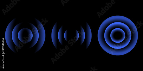 Sonic waves, WiFi signal glowing elements, radar sensor light effects, round wireless network neon symbols. Vector illustration.