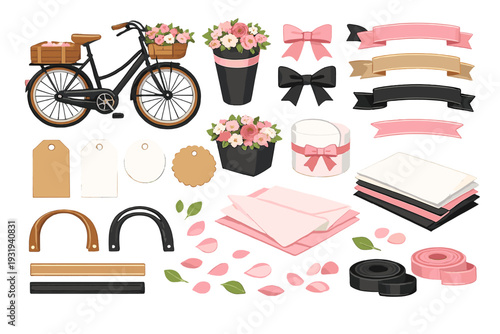 Basket bike with flowers and decorations for crafts on a flat surface in a light setting during daytime