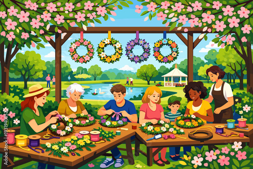 Flower wreath making activity takes place in a park with families enjoying the sunny afternoon by the water