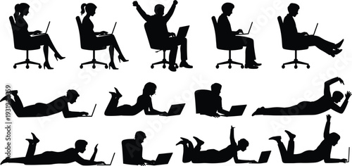 Silhouette people using laptops in diverse seated and lying positions, office chairs, casual postures, work from home, leisure computing habits