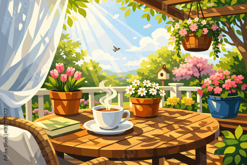 Morning coffee on a sunny patio with flowers and greenery in springtime