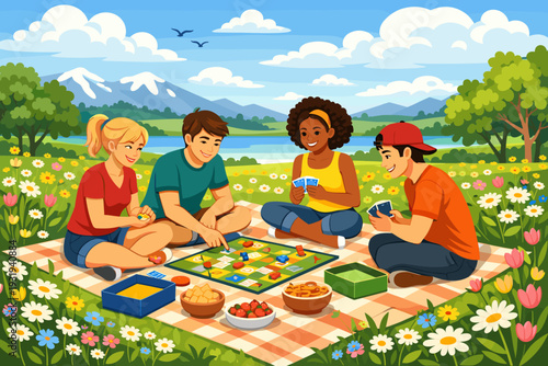 Friends enjoy a picnic while playing a board game near a lake surrounded by mountains on a sunny day