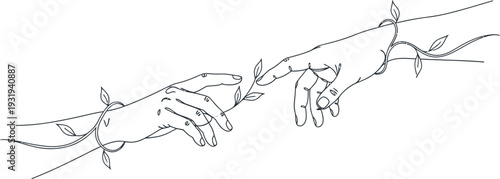 A sketch of two hands reaching for each other on a branch