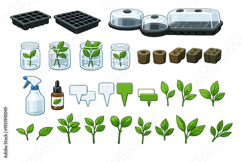 Plant growing tools and materials for starting seeds and nurturing plants indoors at home or in a garden setup