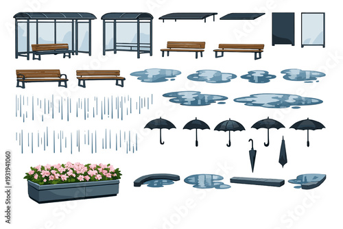 Graphic showing bus stops, benches, rain, puddles, and umbrellas in a city setting during a rainy day