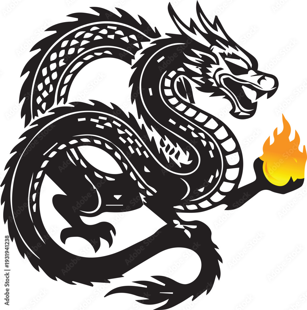 Fototapeta premium Majestic Black Dragon Vector Illustration with Fire Ball - Mythical Eastern Serpent Tattoo Style Art