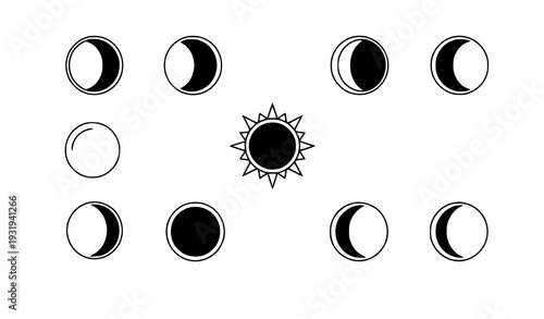 Minimal Lunar Phase and Solar Eclipse Icon Set Celestial Vector
