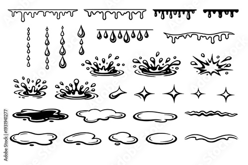 Different types of water drops, splashes, and cloud designs shown on a plain background for graphic use and inspiration