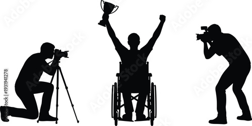 Silhouette person in wheelchair holding trophy with photographers, vector illustration representing achievement, recognition, disability success, inclusivity, victory