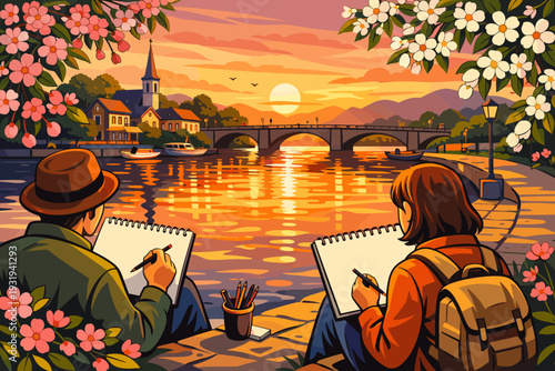 Two people draw along a riverbank during sunset in a quiet town with flowers blooming around
