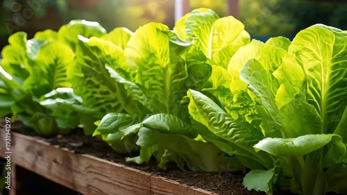 Organic romaine lettuce in sunlit garden bed – eco-friendly salad growing, healthy lifestyle, natural vitamin-rich crop for home use or farmer's market.