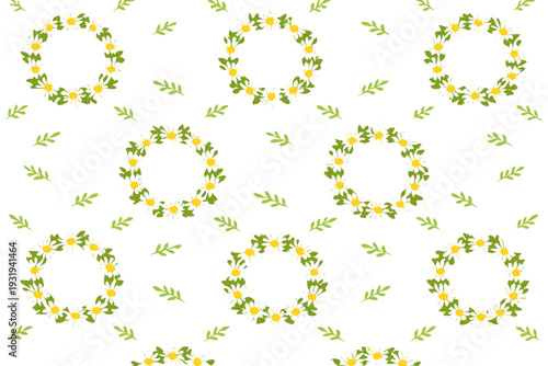 Floral design with circular patterns in green and yellow on a white background for decoration or craft projects