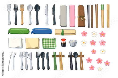 Collection of cutlery and dining tools arranged neatly on a white background with decorative flowers and condiments included