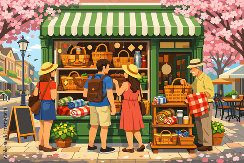 People enjoy shopping at a local market while flowers bloom in the spring season