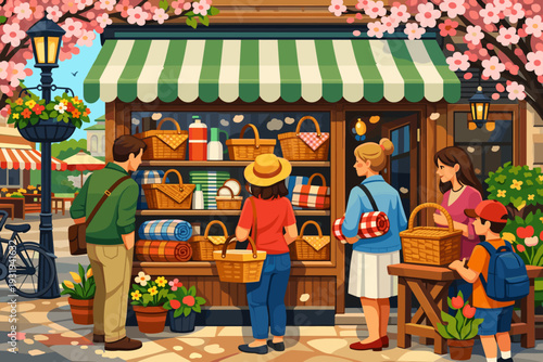 People shopping at a market stall with baskets and blankets during the daytime with cherry blossom trees around