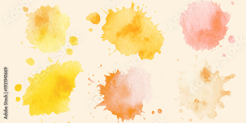 Set of abstract watercolor paint splashes and orange, pink, yellow ink blots isolated on white background for design elements