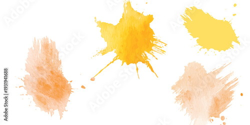 Set of abstract watercolor paint splashes and orange, pink, yellow ink blots isolated on white background for design elements