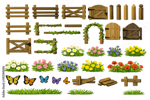 Wooden fences, gates, flowers, and butterflies in a garden scene
