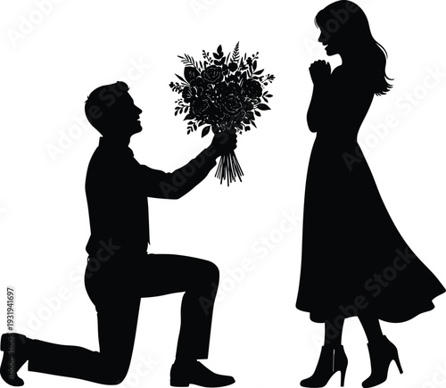 Silhouette person kneeling with bouquet proposing illustration symbolizing romance, love, affection, emotional connection, relationship and heartfelt gesture.