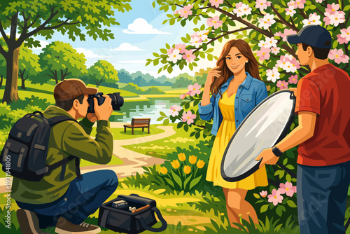 Model poses in a park while photographer captures images with a camera and assistant adjusts lighting