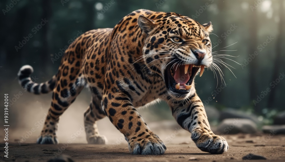 Obraz premium A leopard is aggressively running through a forest, displaying its sharp teeth. The leopard's striking coat is visible as it moves swiftly through the underbrush.