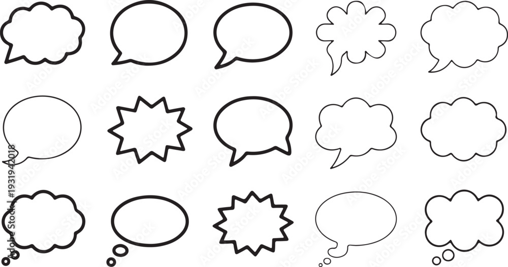 Fototapeta premium Multiple distinct comic book style speech and thought bubbles for communication or dialogue messages