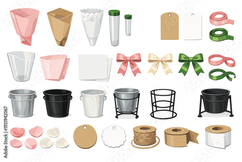 Various crafting and packaging supplies shown in different shapes and colors for creative activities