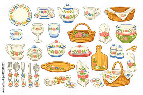 Various kitchen items with floral designs on a white background suitable for table setting and serving food