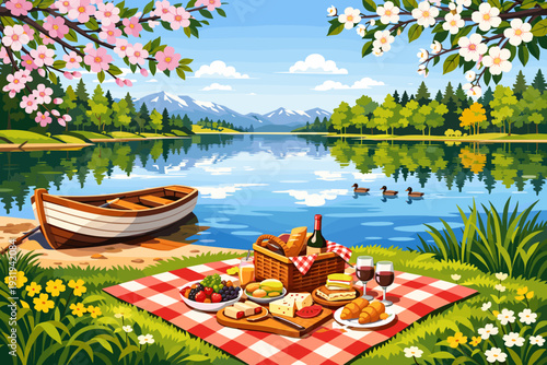 Picnic by the lake with food, drinks, and a boat near the water on a sunny day with trees and flowers in the background