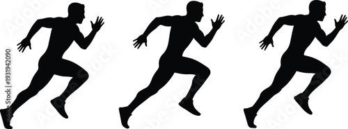 Silhouette person running sequence in dynamic sprinting poses, vector illustration representing speed, motion, athleticism, fitness, sports activity design