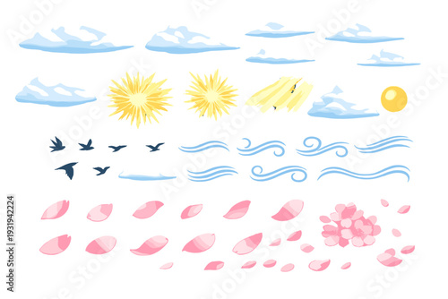 Different types of weather and nature elements showing clouds, sun, birds, waves, and flower petals in a simple layout